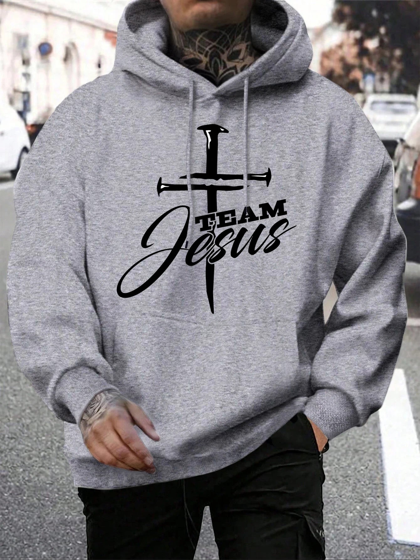 Team Jesus Letter Design Printing Men's Sweatshirt Fashion Warm Hooded Casual Pocket Hoodies Autumn Big Size Streetwear