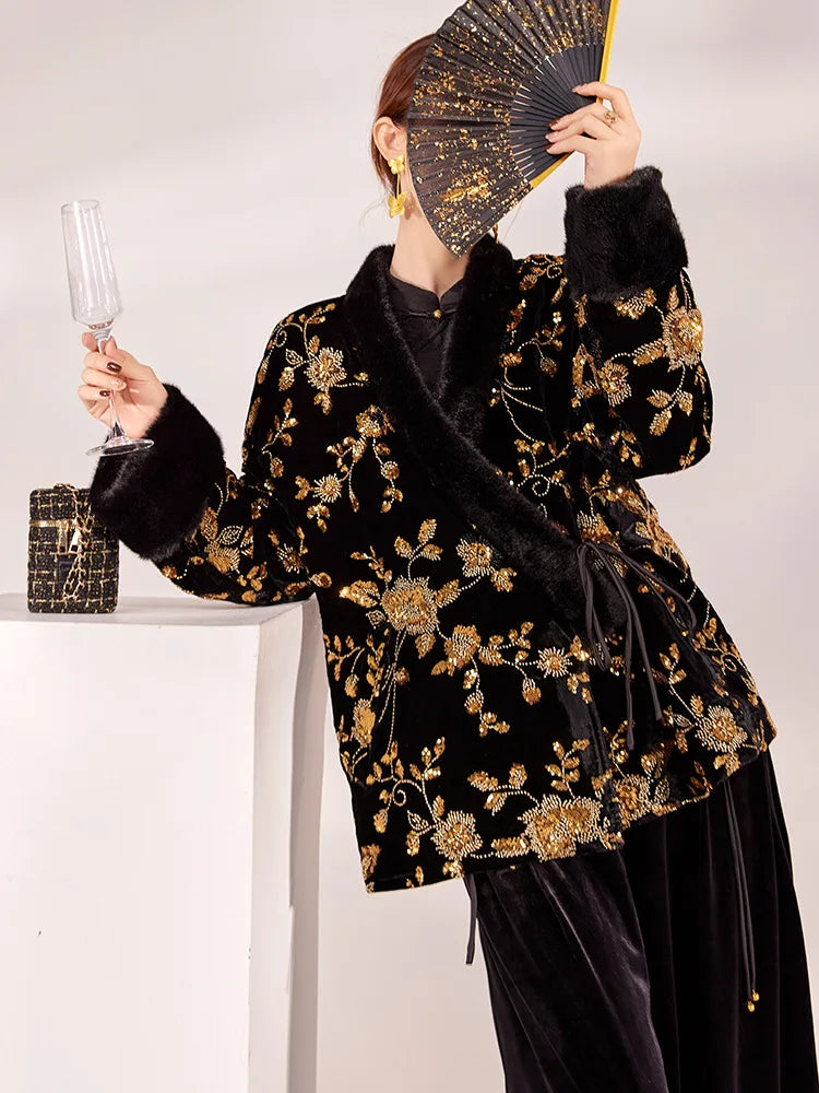 New Chinese Style Winter Women's Clothing, High-end V-neck New Chinese Style Gold Bead Embroidered Cotton Jacket Coat Outerwear