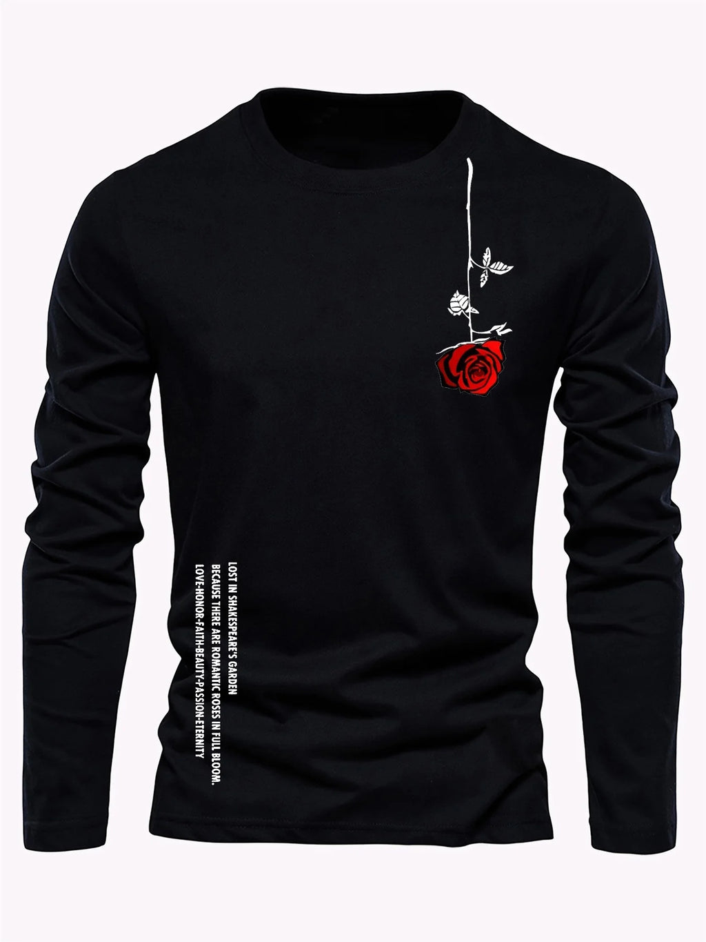 100% pure cotton men's long sleeved round neck loose casual rose letter printed spring and autumn versatile T-shirt top