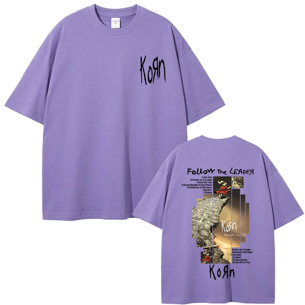 Rock Band Korn Follow The Leader Album Graphic T-shirt Men Women Casual Oversized T Shirts Male Vintage Alternative Metal Tshirt