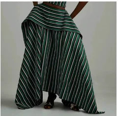 Fashion Irregular Splice Ruffle Edge Outfit Chic Striped Printed Top+Skirt 2pc Set Sexy Waist Cinch Backless Beach Holiday Suit