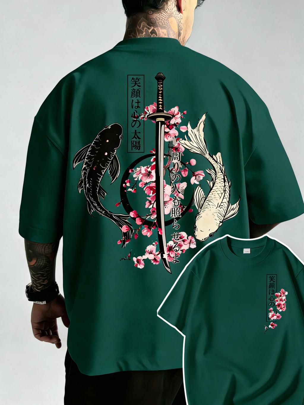 Summer Hot Japanese Yin Yang Koi Fish & Samurai Sword Pattern Cotton Men’s T-Shirt Short Sleeve Tees Casual Oversized Unisex Top