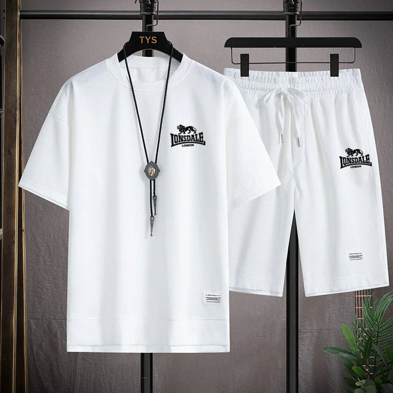 Men's summer new casual short-sleeved T-shirt set, fashionable outdoor men's round-neck pullover + sports shorts 2-piece set