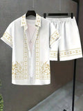 Mens Lapel Shirt And Beach Shorts Set White With Geometric Pattern Casual Summer Outfit