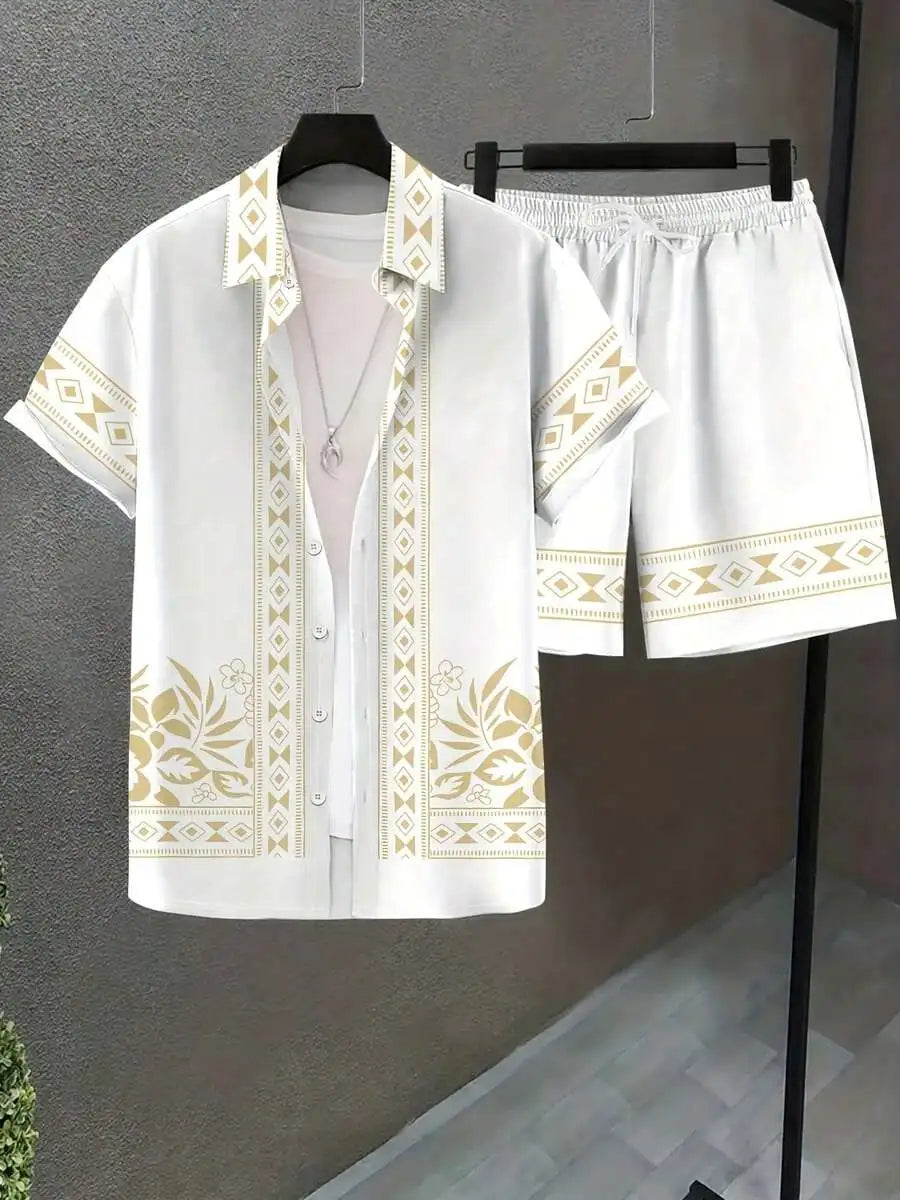 Mens Lapel Shirt And Beach Shorts Set White With Geometric Pattern Casual Summer Outfit