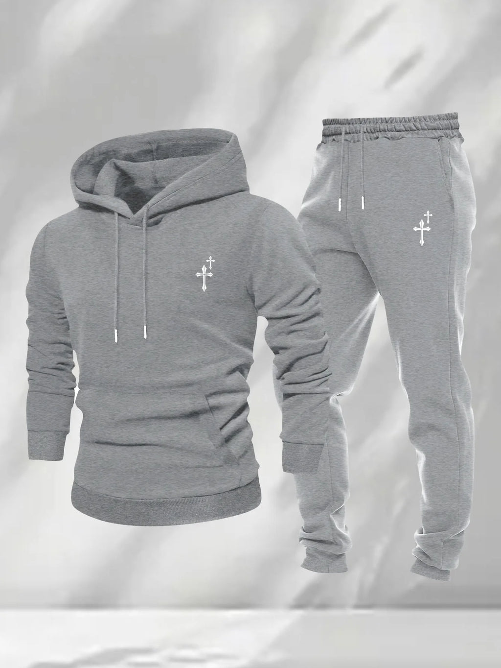 Men 2Pcs Small Cross Embroidery Hoodie Sweatpants Set Polyester Loose Autumn Daily Street Casual Tracksuit For Men