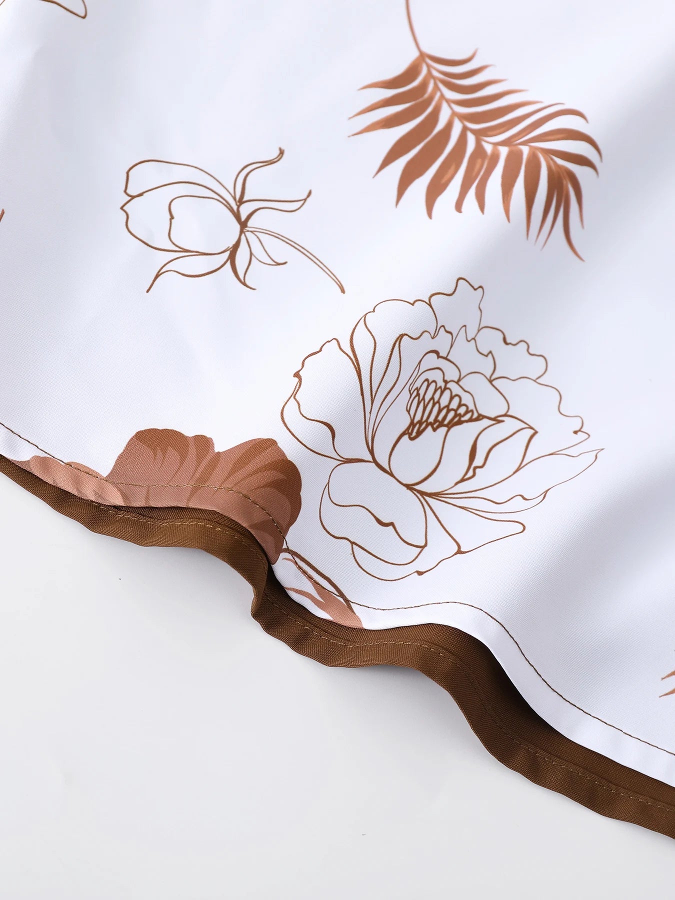 Men's Brown & White Color Block Floral Print Cuban Collar Shirt Set 2 Piece Summer Short Sleeve Drawstring Beach Shorts Outfit