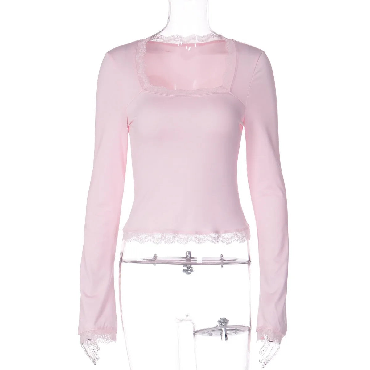 Women's Lace Edged Square Neck Long Sleeved Slim Fit Ladies Top T-Shirt Classic Simple Solid Sexy Square Neck Pullover Y2k Style