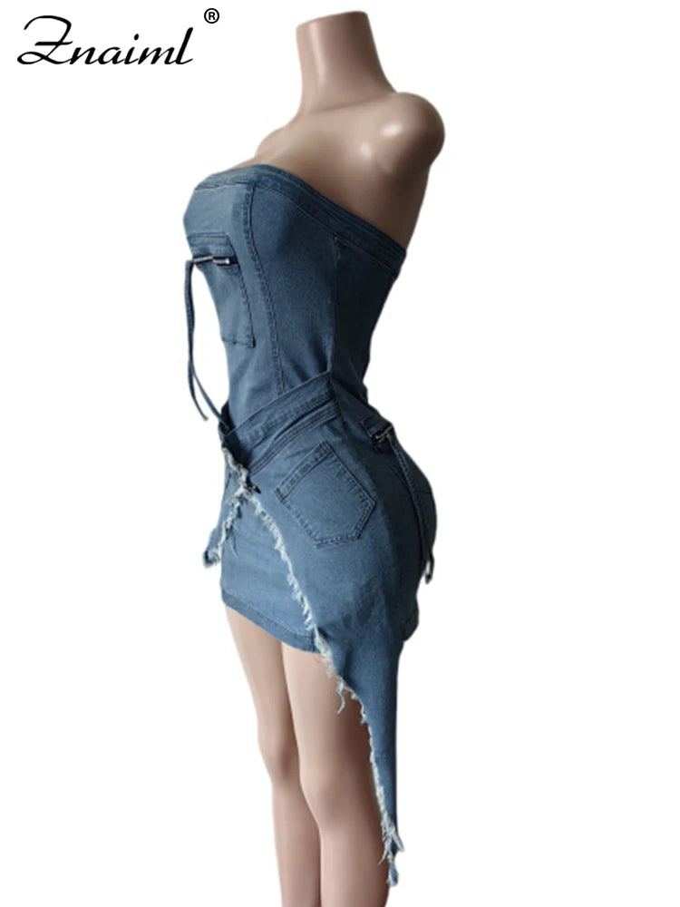 Znaiml Stretch Denim Strapless Off Shoulder Short Dress for Women Single-Breasted irregular Blue Jean Mini Dress Female Birthday