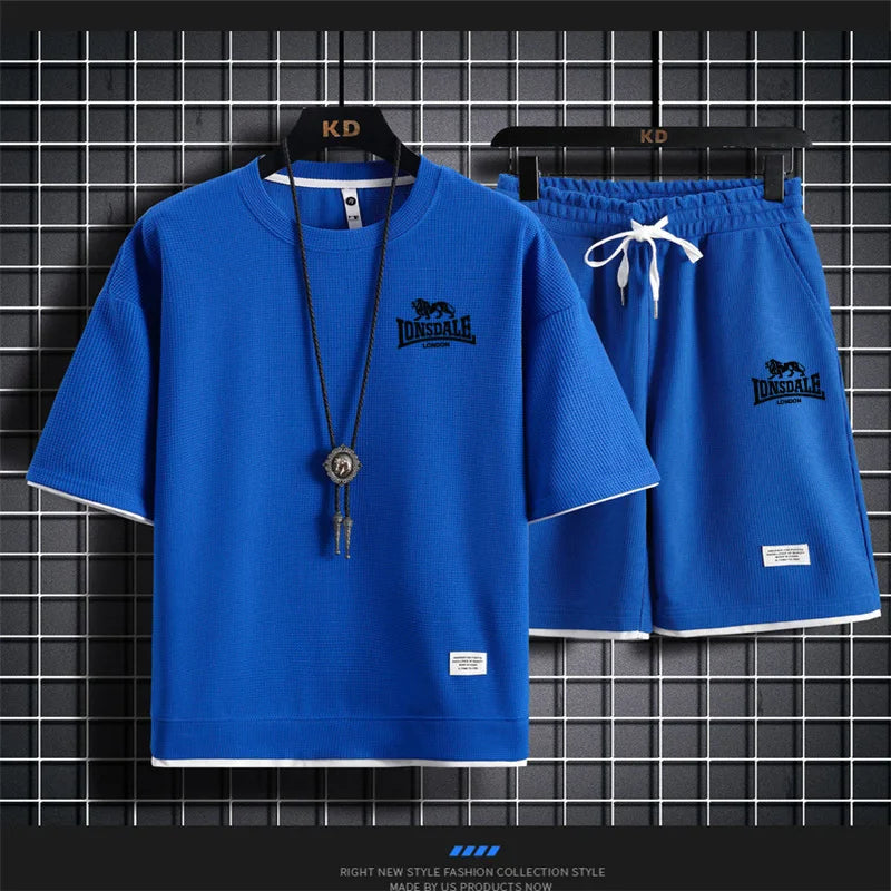 Men's summer new casual short-sleeved T-shirt set, fashionable outdoor men's round-neck pullover + sports shorts 2-piece set
