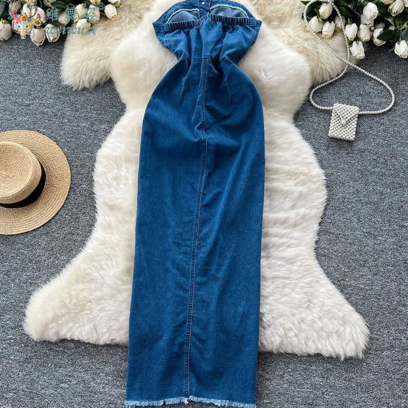 2026 Women Retro Strapless Demin Dress Sleeveless SingleBreasted LaceUp Slim Summer Streetwear Party clothing Sexy jeans Dresses