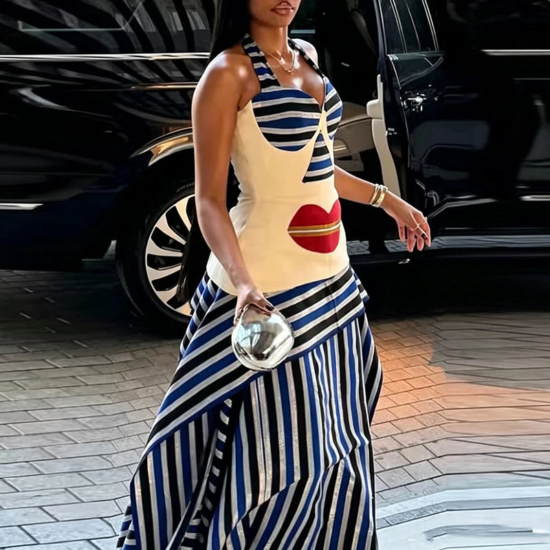 Fashion Irregular Splice Ruffle Edge Outfit Chic Striped Printed Top+Skirt 2pc Set Sexy Waist Cinch Backless Beach Holiday Suit