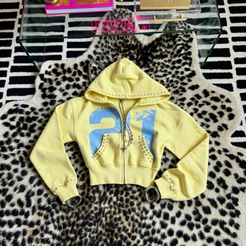 2 Pcs Hoodie Co-ords Yellow Mellow Athletic Set Rivet 21 Print Graphic Sweatsets Y2K Retro Hoodie Summer Shorts Women Sport Sets