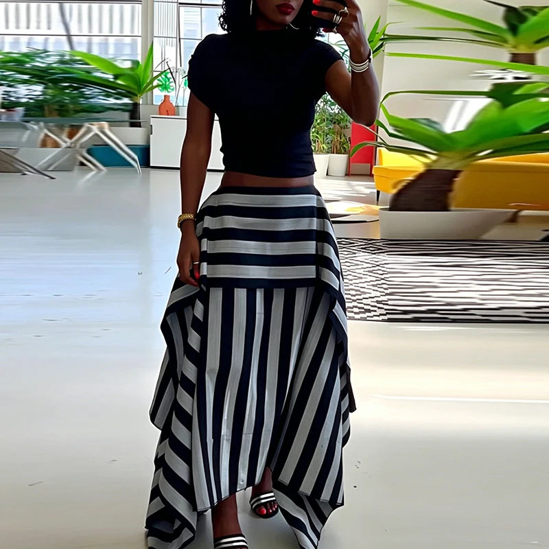 Fashion Irregular Splice Ruffle Edge Outfit Chic Striped Printed Top+Skirt 2pc Set Sexy Waist Cinch Backless Beach Holiday Suit