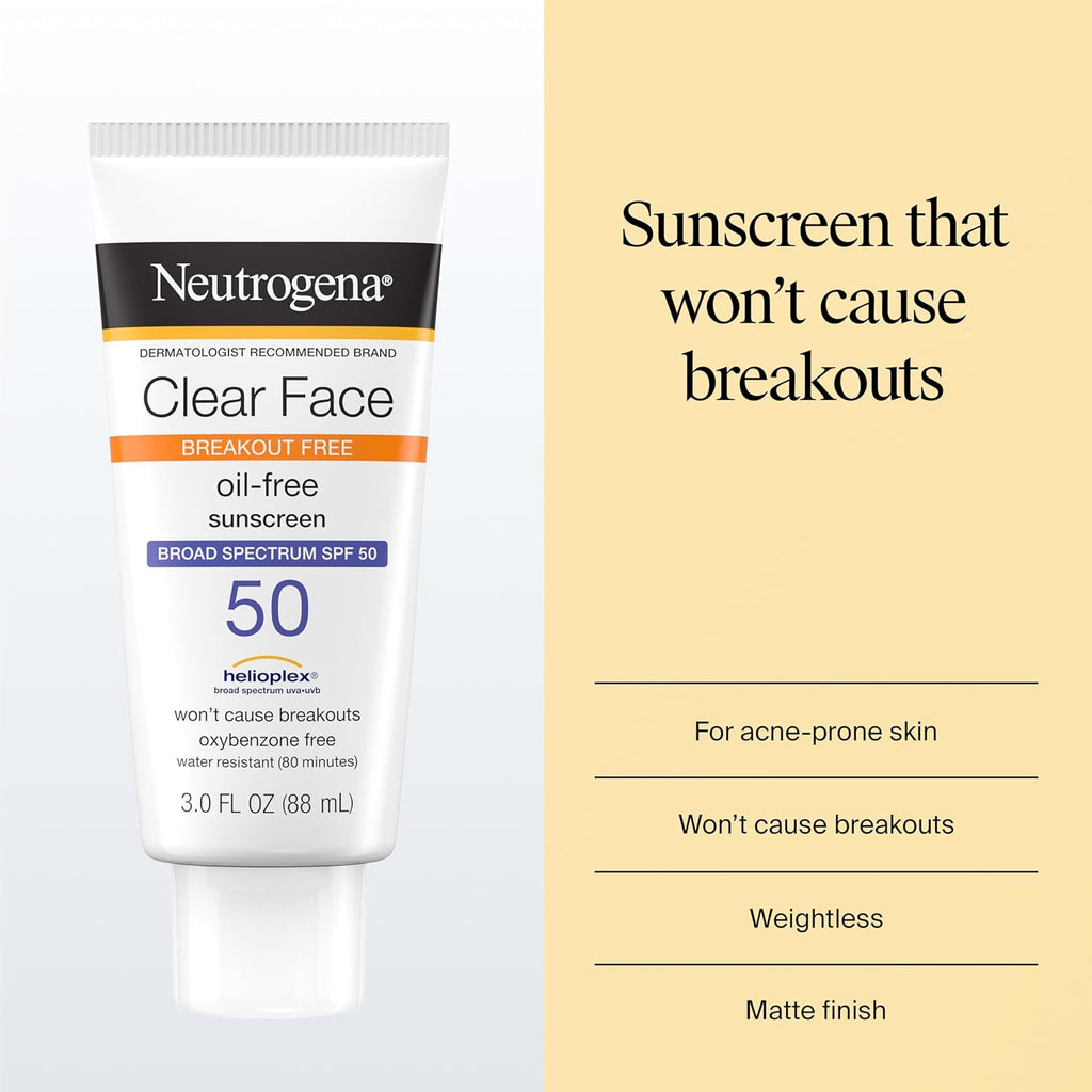 Neutrogena Clear Face Sunscreen Lotion SPF 50 for Acne-Prone Skin Broad Spectrum UVA UVB Protection Oil-Free No-Fragrance No-Oxybenzone Water-Resistant Daily Face Moisturizer, 3 Fl Oz
