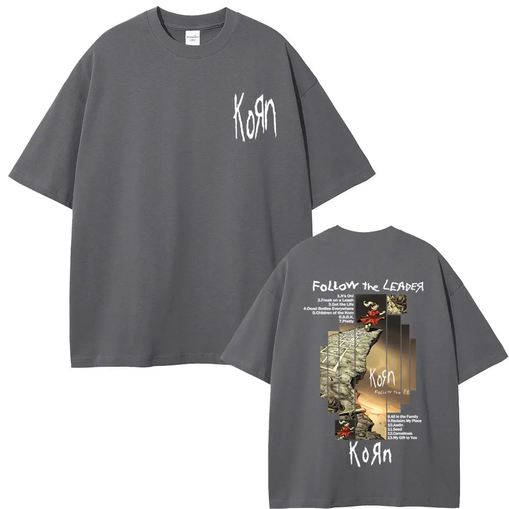 Rock Band Korn Follow The Leader Album Graphic T-shirt Men Women Casual Oversized T Shirts Male Vintage Alternative Metal Tshirt