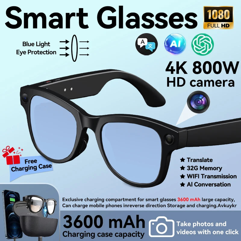 3600mAh Power Bank Smart Glasses 800W 4K HD Pixel 32GB Translation Bluetooth Music Ultra AI Smart Glasses with video camera 2026