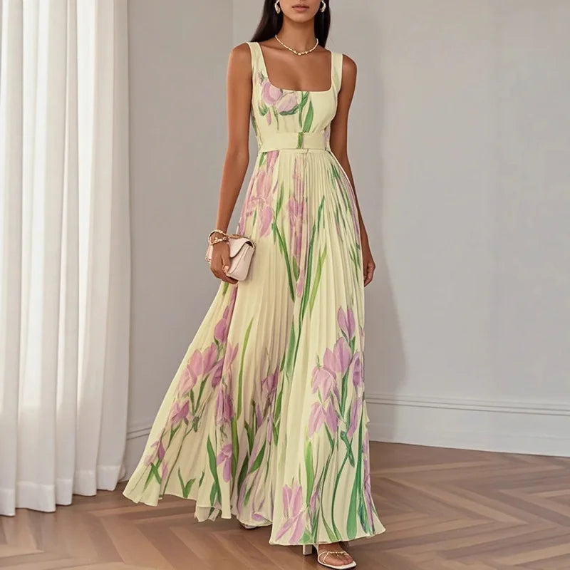 Hot Sale Women High Waist Pleated Maxi Dress Square Neck Sleeveless Floral Digital Print Strap Summer Beach Vacation Long Dresse
