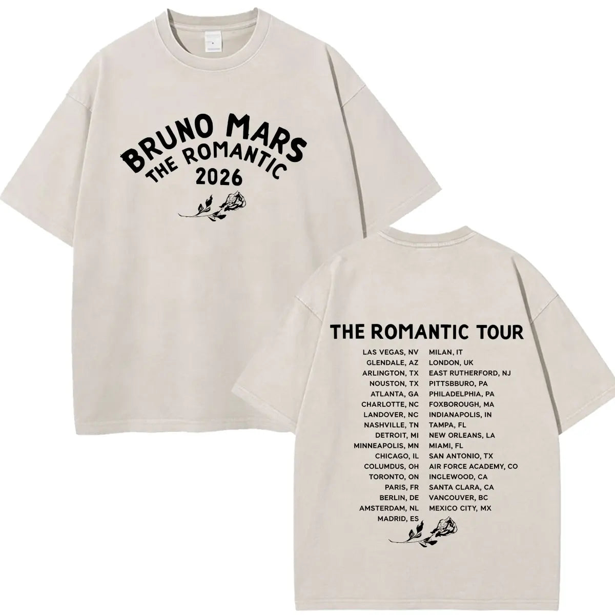 Bruno Mars The Romantic Tour 2026 Print Vintage Washed T-shirt Man Woman Fashion T-shirts Cotton Loose Casual Oversized T-shirts