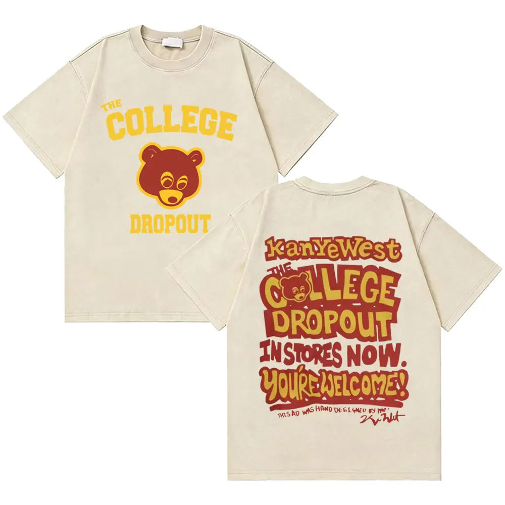 Awesome Rapper Kanye West Graduation Bear Vintage Washed T-shirt Men Women Hip Hop Fashion Trend Short Sleeve T Shirt Streetwear