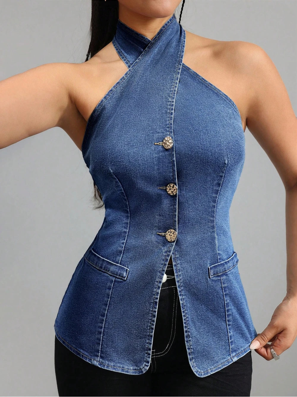 2026 new neck hanging sleeveless denim top sexy cross breasted slim fit vest Y2K spicy girl style street fashion personality ins