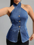 2026 new neck hanging sleeveless denim top sexy cross breasted slim fit vest Y2K spicy girl style street fashion personality ins