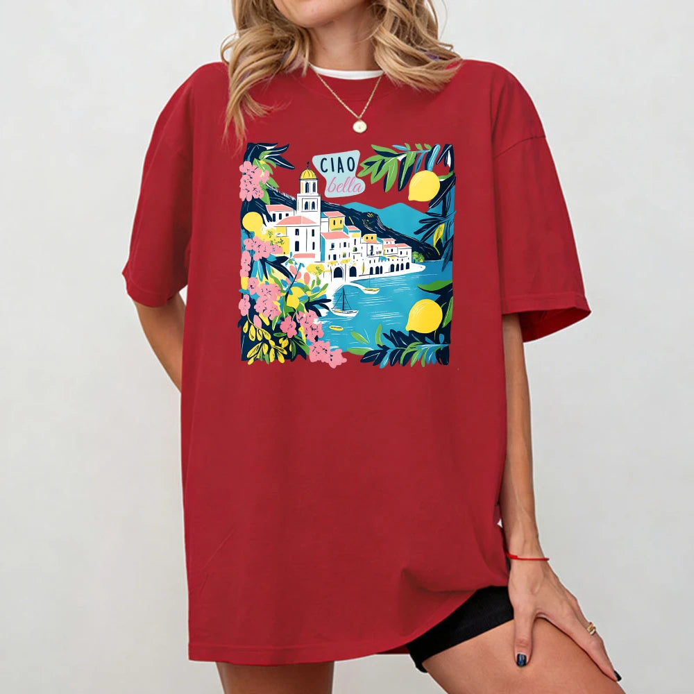 Italian Floral Mediterranean T-Shirt Ciao Bella Amalfi Coast Summer Tee Lemon Village Sailboat Positano Limoncello Travel Gift