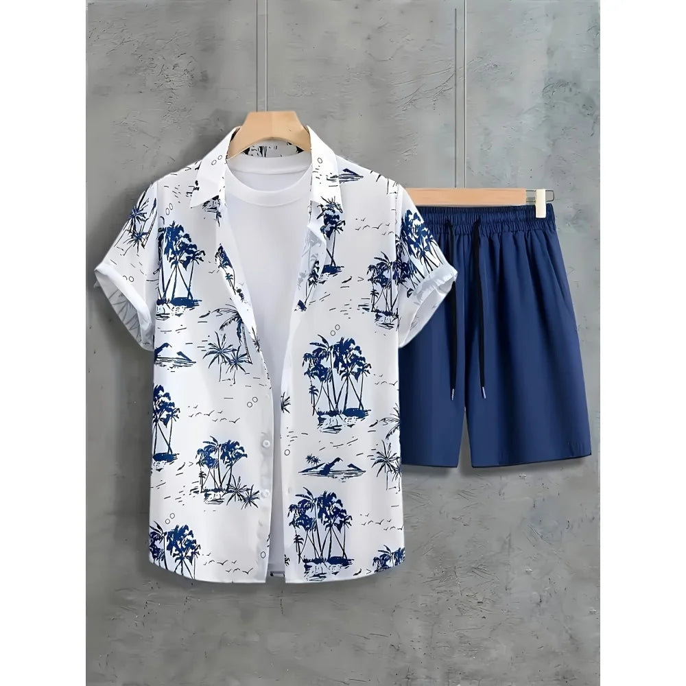 Summer Man Set Coconut Tree Fresh Flower Pattern Men's Short-Sleeved Button Shirt Summer Seaside Beach Vacation Hawaiian Shirt