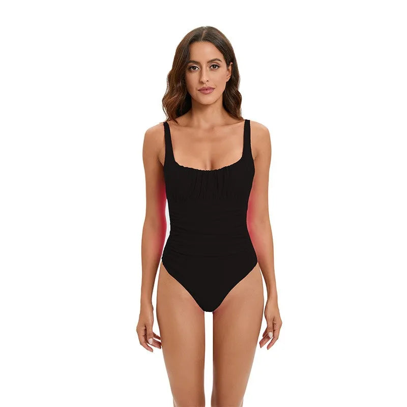 Swimwear Women Swimsuit Tummy Control Square Neck One-Piece Swimsuit Black High Cut Legs Solid Color Navy Blue Bathing Suit