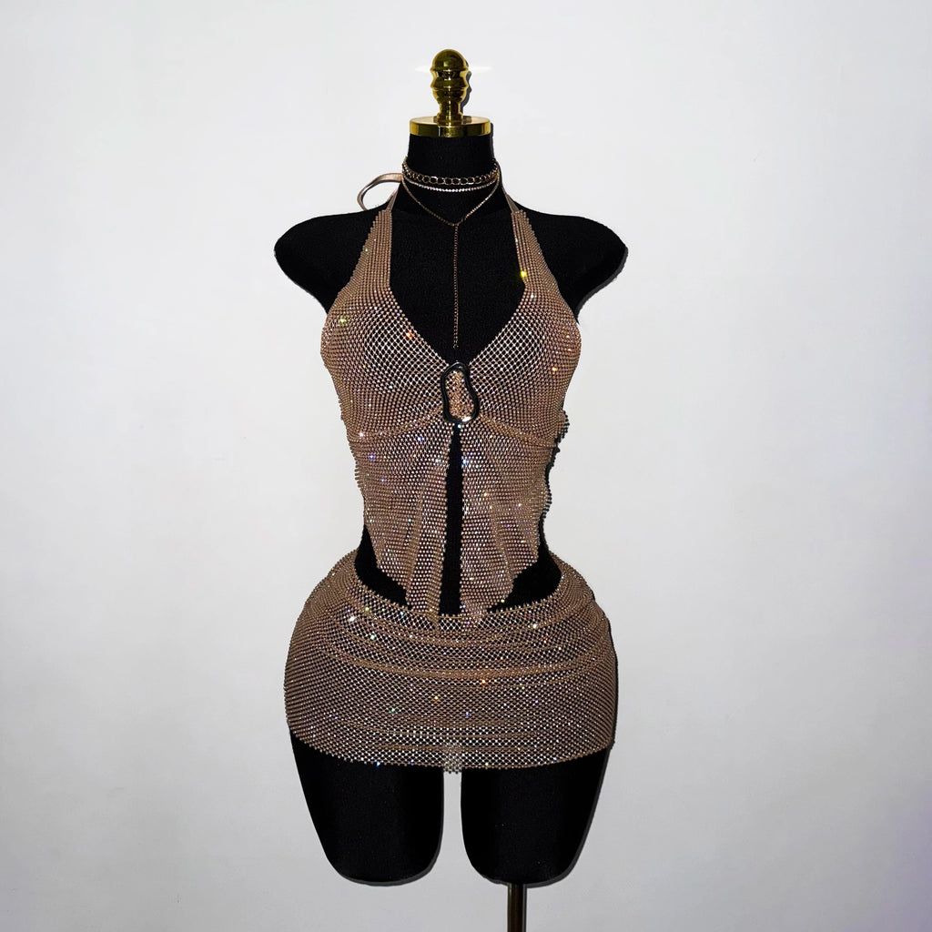 Sparkle Rhinestone Halter Mini Dress For Women Sexy Crystal Mesh Cut Out Backless Party Club Rave Outfit Festival Birthday Wear
