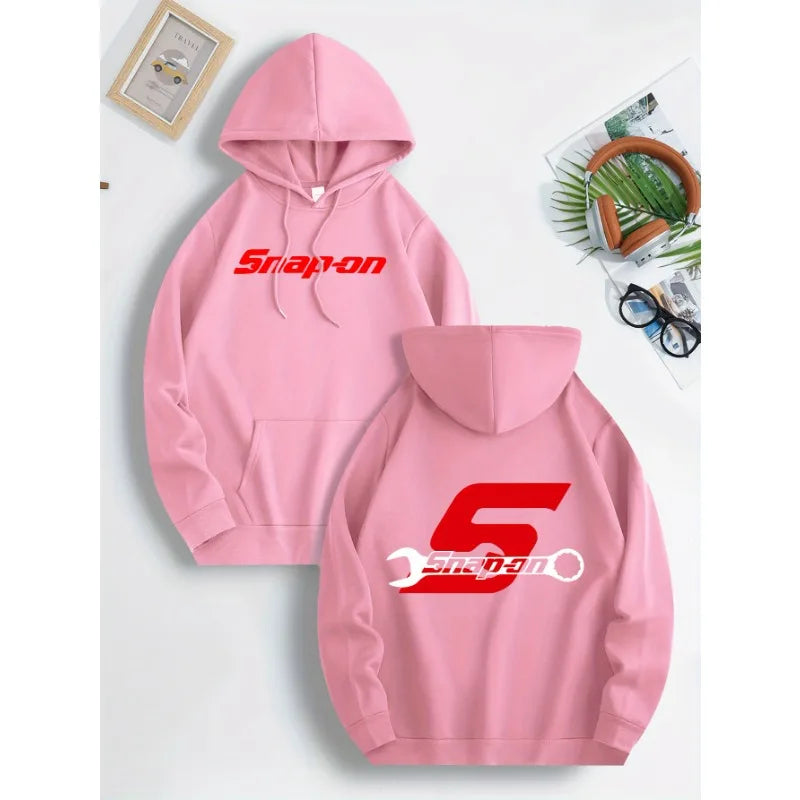 Snap on graphic hoodie with casual regular design, front pocket with slight elasticity and drawstring, suitable for all seasons