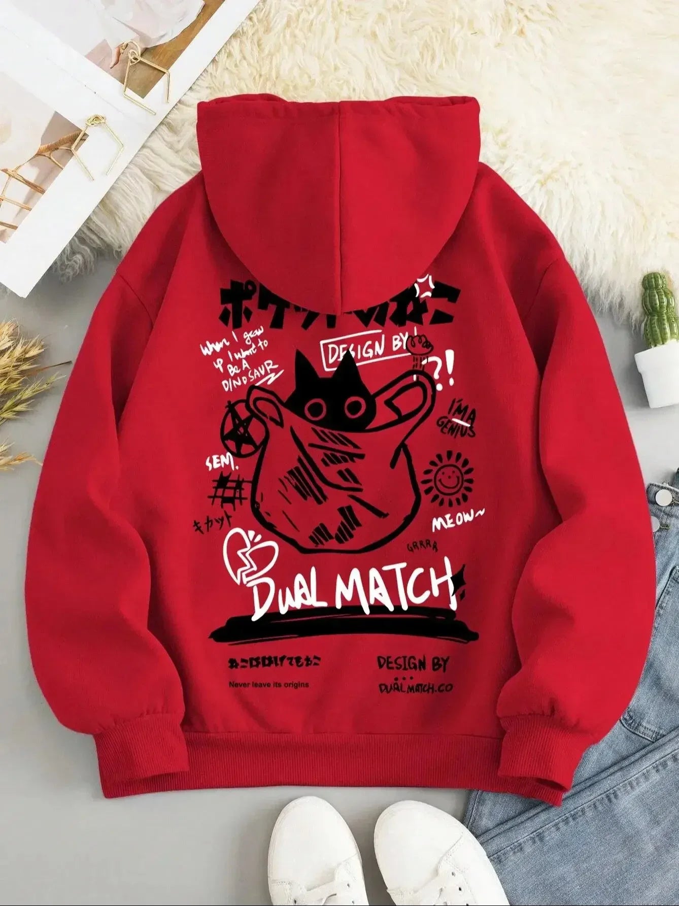 2025 unisex printed hooded sweatshirt with black cat letter pattern long sleeved sweatshirt, casual and comfortable