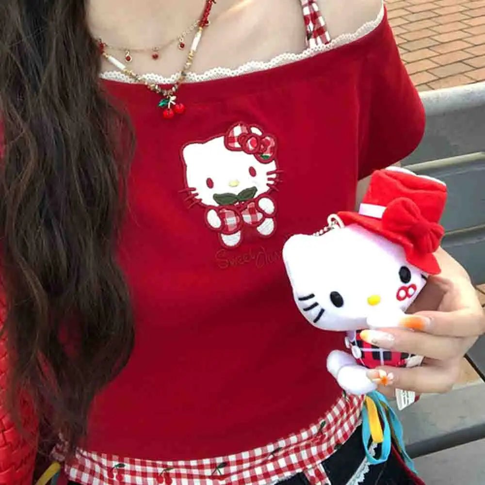 Hello Kitties Summer Women's Short Sleeved T-Shirt Kitty Spicy Girl Bow Slanted Shoulder Hollow Design Cartoon Cute Fashion Top