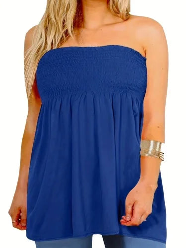 Plus Size sexy tube top, women's solid ribbed slightly elastic pleated tube top