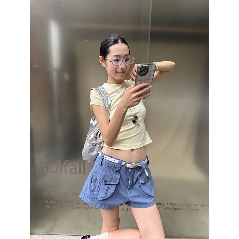 Benuynffy Solid Color Round Neck Crop Top Women 2026 Summer New Korean Style Chic Short Sleeved All Match Casual Y2k Top Tees