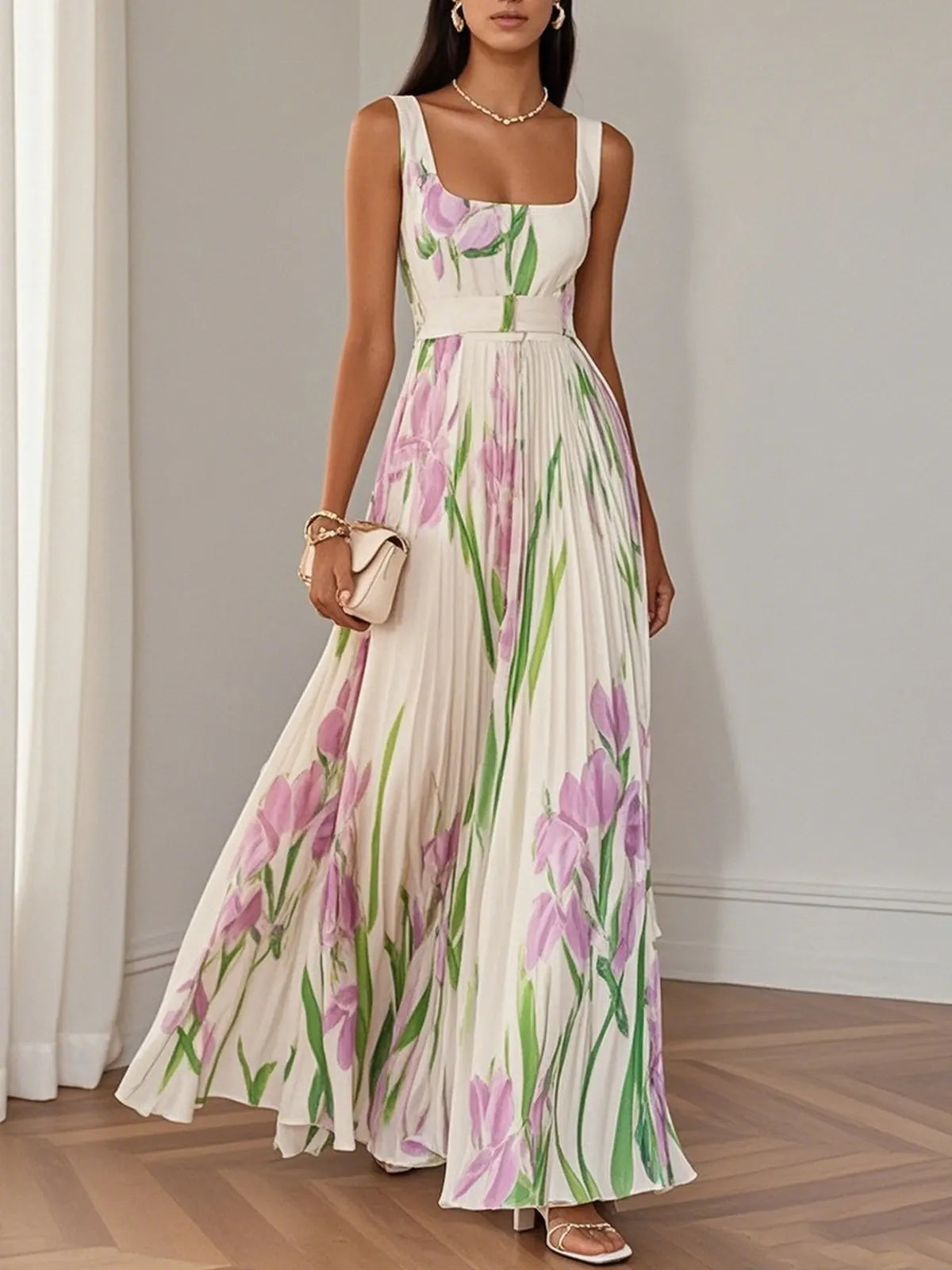 Hot Sale Women High Waist Pleated Maxi Dress Square Neck Sleeveless Floral Digital Print Strap Summer Beach Vacation Long Dresse