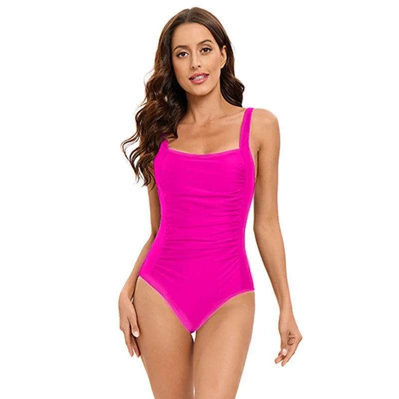 Swimwear Women Swimsuit Tummy Control Square Neck One-Piece Swimsuit Black High Cut Legs Solid Color Navy Blue Bathing Suit