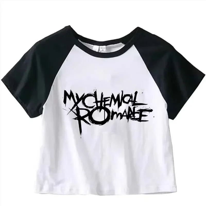 My Chemical Romance Graphic Crop Top Girl Cyber Y2k Kawai Fashion Harajuku Crop Top Summer Sport T Shirt Jogging Short Sleeves