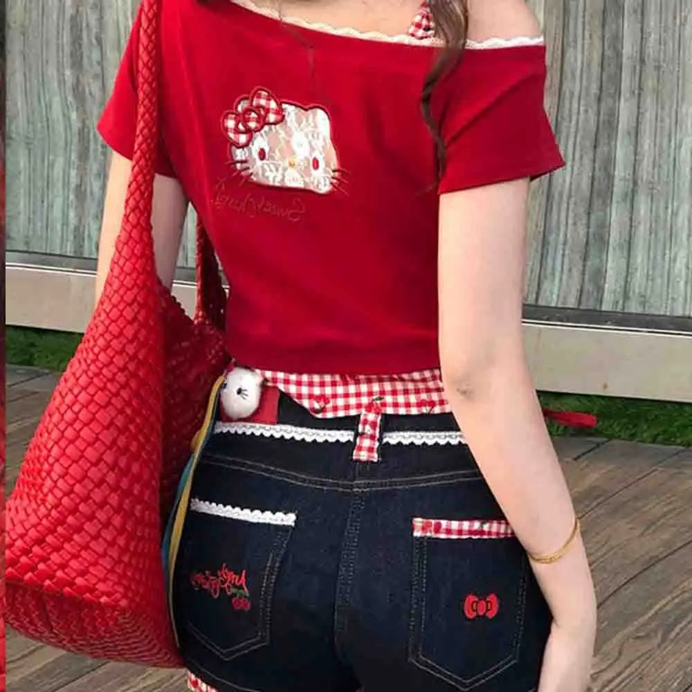 Hello Kitties Summer Women's Short Sleeved T-Shirt Kitty Spicy Girl Bow Slanted Shoulder Hollow Design Cartoon Cute Fashion Top