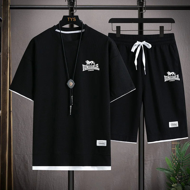 Men's summer new casual short-sleeved T-shirt set, fashionable outdoor men's round-neck pullover + sports shorts 2-piece set
