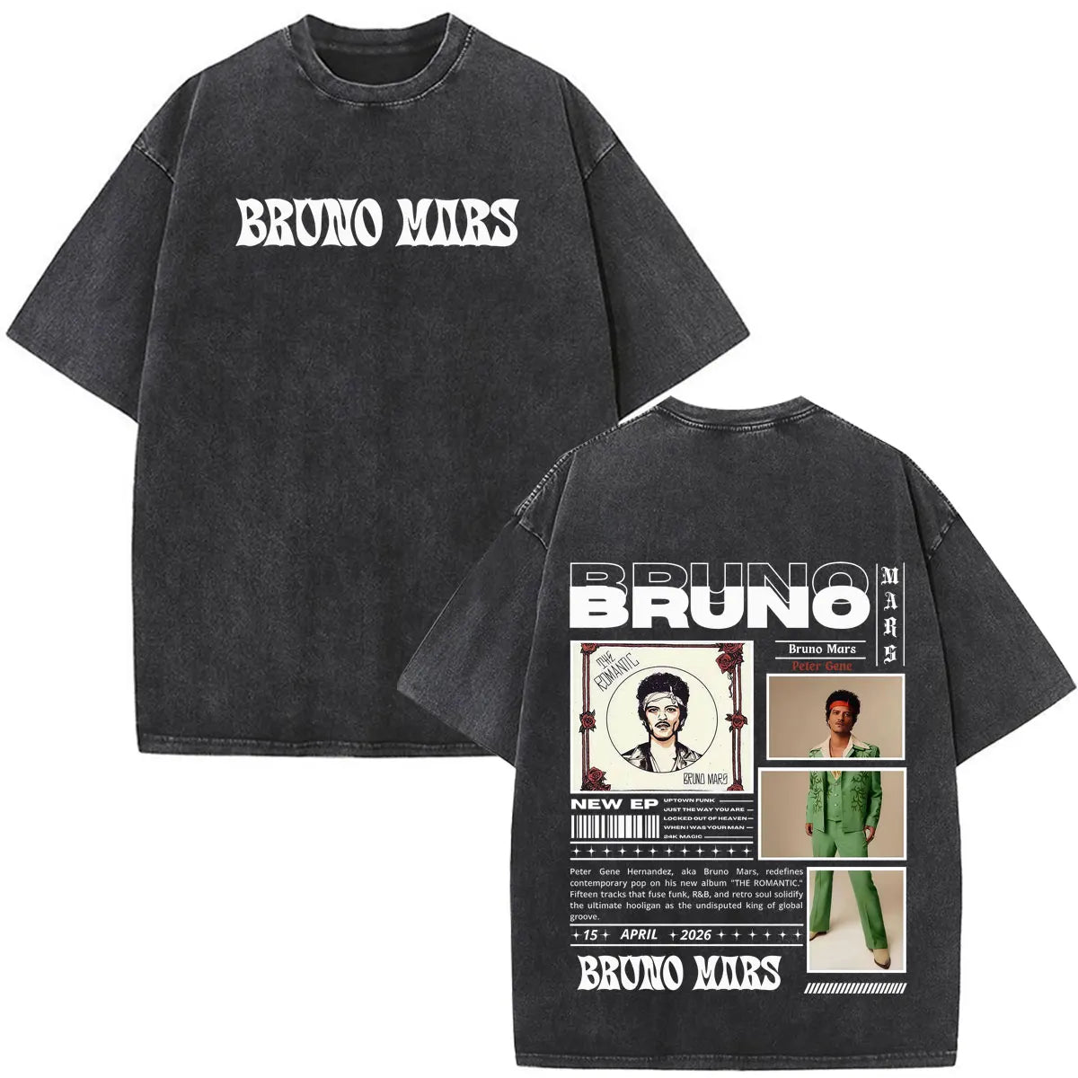Bruno Mars The Romantic Tour 2026 Print Vintage Washed T-shirt Man Woman Fashion T-shirts Cotton Loose Casual Oversized T-shirts