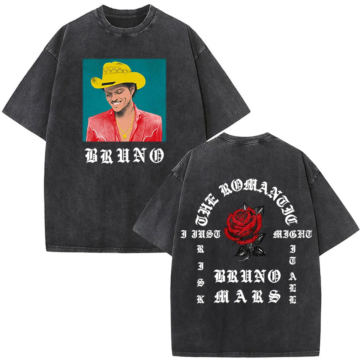 Bruno Mars The Romantic Tour 2026 Print Vintage Washed T-shirt Man Woman Fashion T-shirts Cotton Loose Casual Oversized T-shirts
