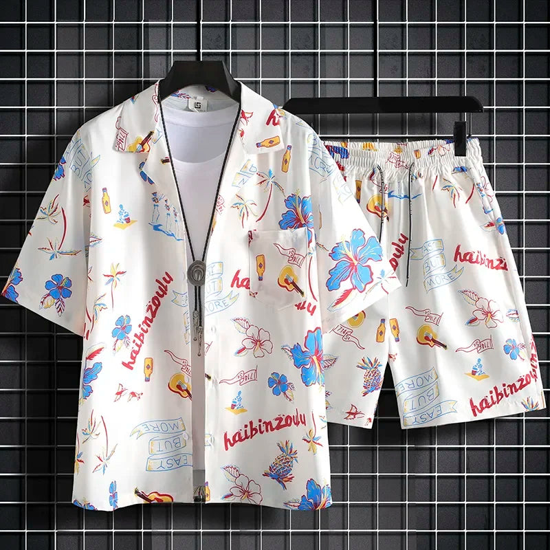 Men Hawaiian Print 2 Piece Set Short Sleeve Shirt And Shorts Beach Summer Outfit