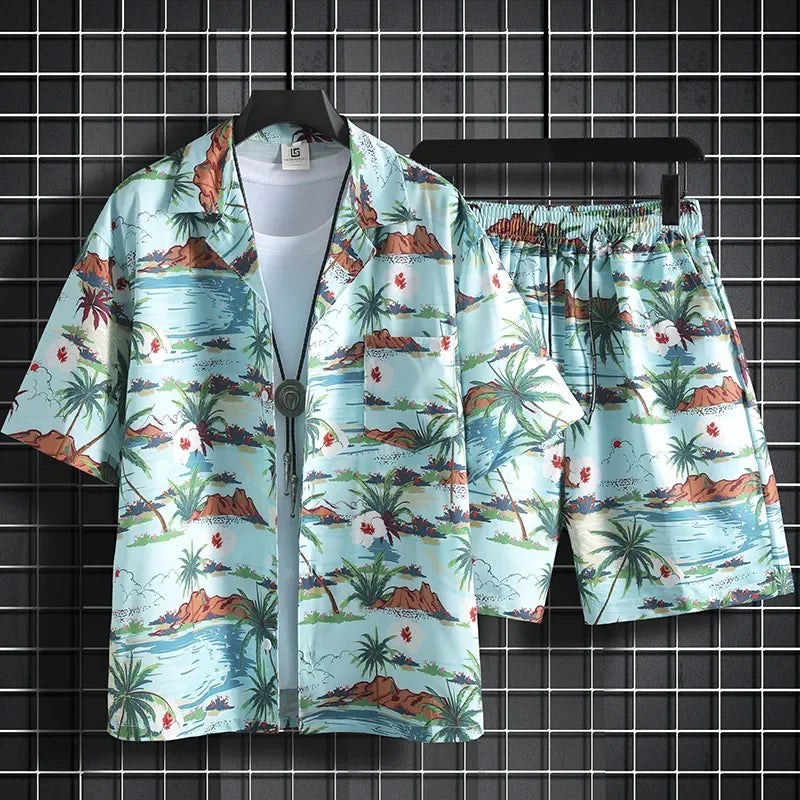 Men Hawaiian Print 2 Piece Set Short Sleeve Shirt And Shorts Beach Summer Outfit