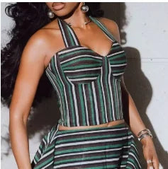 Fashion Irregular Splice Ruffle Edge Outfit Chic Striped Printed Top+Skirt 2pc Set Sexy Waist Cinch Backless Beach Holiday Suit