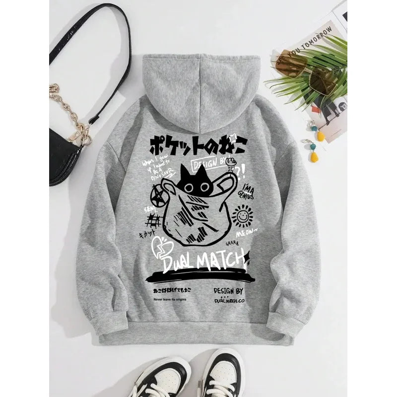 2025 unisex printed hooded sweatshirt with black cat letter pattern long sleeved sweatshirt, casual and comfortable
