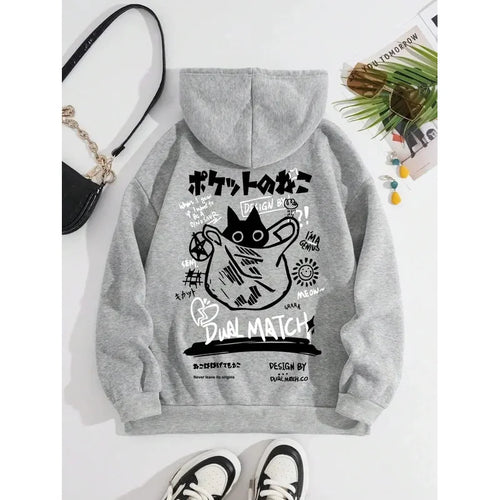 2025 unisex printed hooded sweatshirt with black cat letter pattern long sleeved sweatshirt, casual and comfortable