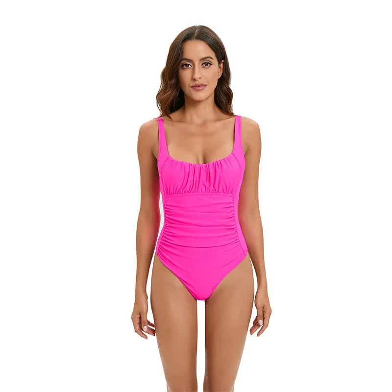 Swimwear Women Swimsuit Tummy Control Square Neck One-Piece Swimsuit Black High Cut Legs Solid Color Navy Blue Bathing Suit