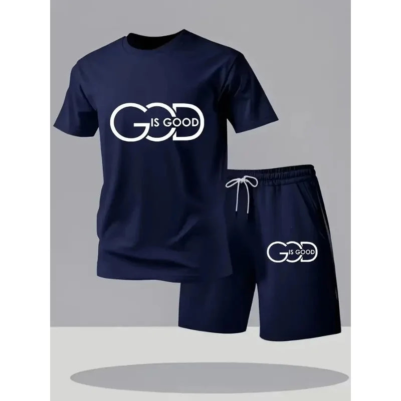 Street Fashion Trend Men's Round Neck Short Sleeved Set, Outdoor Simple Round Neck Top, Casual and Comfortable Shorts