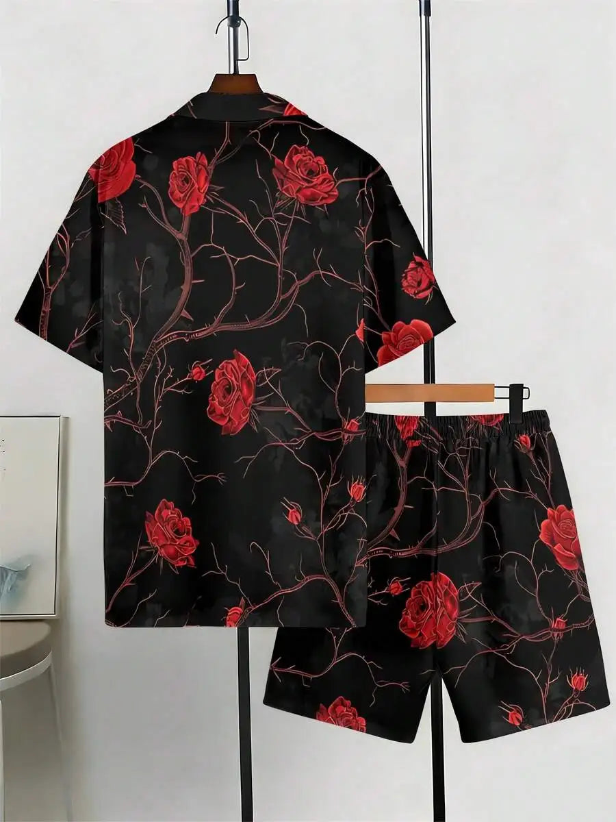 Mens Cuban Collar Shirt And Shorts Set With Red Rose Print Black Background